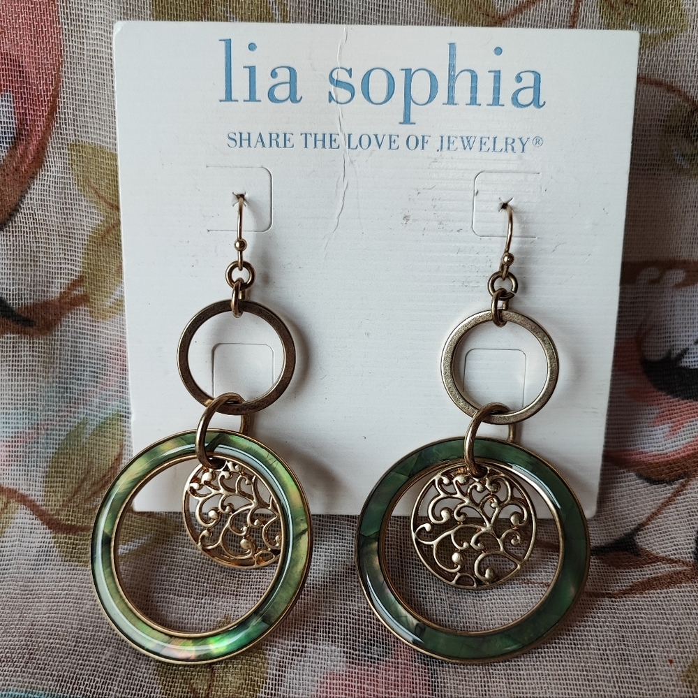 Lia Sophia Green Faux Abalone Brass Tone Pierced Earrings NOC LS Tree of Life